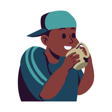 Kahve fincanı çizimi olan çocuk izole edilmiş.