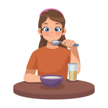 Kız beslenme yemeği resimlerini yiyor.