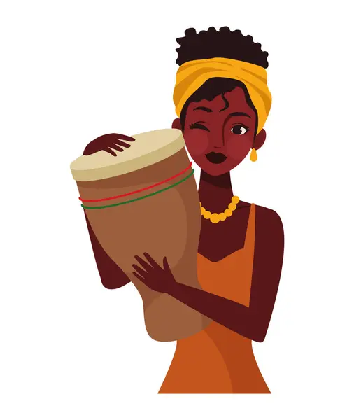 Kwanzaa Mulher Com Djembe Tambor Ilustração — Vetor de Stock