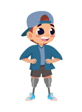 Erkek çocuk sakatlığı protez bacak çizimi takıyor.