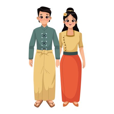 Myanmar genç adam ve kadın çizimleri izole edildi.