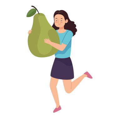 Elinde koca bir armut tutan kadın.