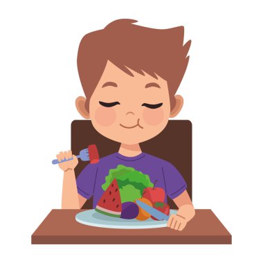 Yalnız başına vejetaryen yemeği yiyen tatlı çocuk.