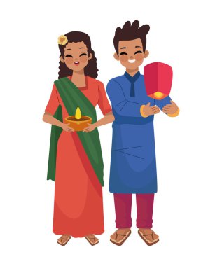 Diwali festivali için geleneksel kıyafetler giyen Hintli çift izole edilmiş.