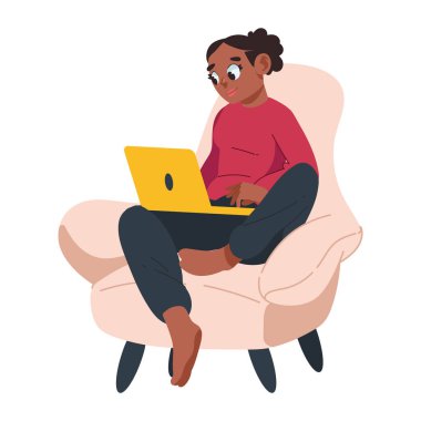 Kadın hibrid evde çalışıyor, dizüstü bilgisayarla izole edilmiş