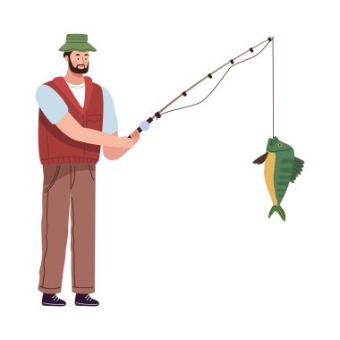 Elinde olta ve balık tutan sakallı bir adam.