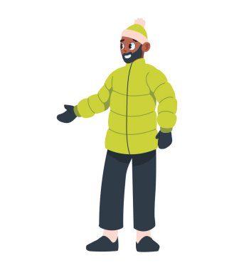 Yetişkin bir adam kışlık giysiler giyiyor.