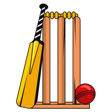 Kriket sopaları ve top sporu izole edilmiş.