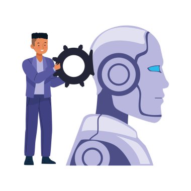 Adam robot kafaya teçhizat yerleştiriyor.