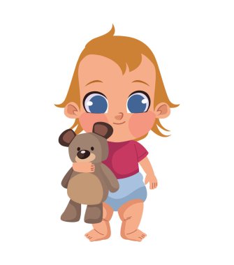 Bebek oyuncak ayıyla oynuyor.