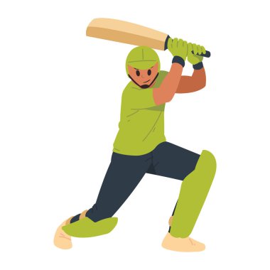 Yeşil üniformalı kriket oyuncusu topa vurmaya hazırlanıyor.