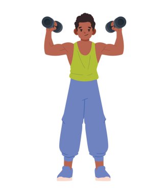 Erkek sporcu yeşil bir elbisenin içinde dambılları kaldırıyor.