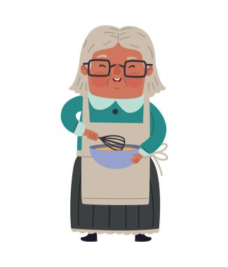 Gözlük takan yaşlı bir kadın ve önlük kasede kek hamuru karıştırıyor.