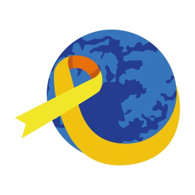 Küresel kanser farkındalığını temsil eden sarı kurdeleyle sarılmış bir dünya.