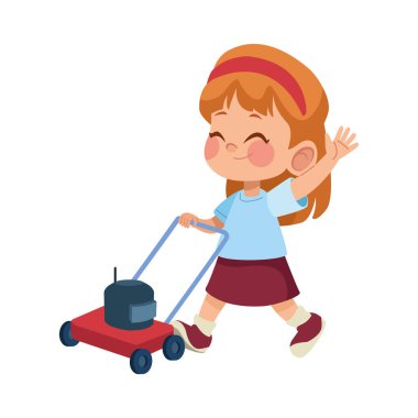 Gülümseyen genç kız renkli bir çim biçme makinesiyle çim biçiyor.