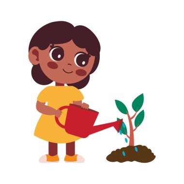 Çocuk dışarıda ağaç fidanı dikiyor.