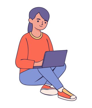 Laptop izole vektörü kullanan genç kadın