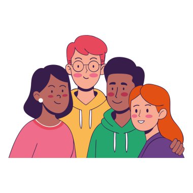 Bir grup arkadaş birlikte gülümsüyor, birlik ve beraberliği temsil ediyorlar.