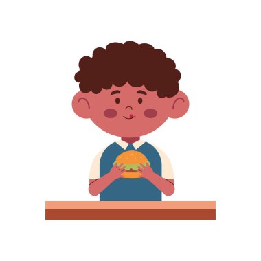 Çizgi film stiliyle erkek burger yiyen öğrenci.