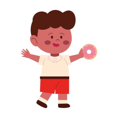 Öğrenci yiyen çocuk elinde çizgi film stiliyle donut tutuyor.