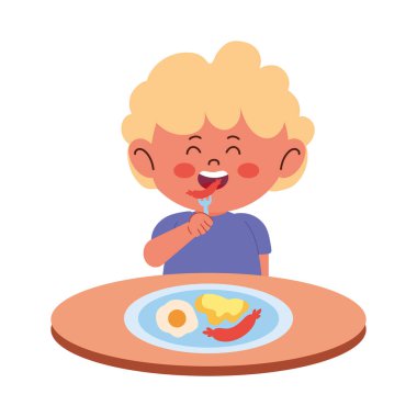Çizgi film tarzında sarışın çocuk yemeği yiyen bir öğrenci.
