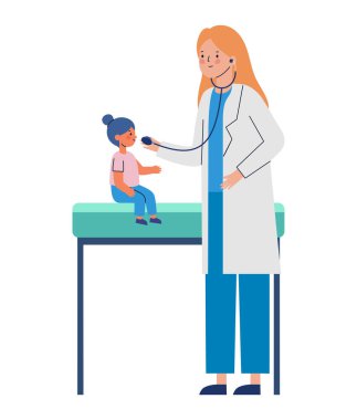 Çocuk doktoru. Masa stili illüstrasyonunda çocuğu muayene ediyor.