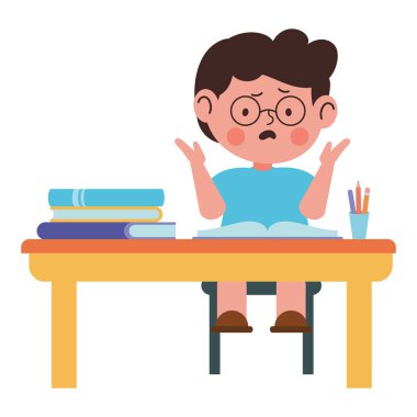 Şaşkın öğrenci okulu masası kitapları.