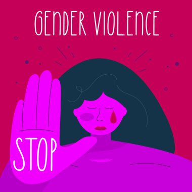 Bu vektör illüstrasyon kavramı cinsiyet şiddetini durdurun. Kadın el ikonu DUR ile ağlıyor. Bu elde çizilmiş sanat tarzında GBV HAYIR