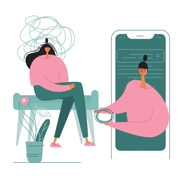 Наглядная Иллюстрация Онлайн Сеанса Психотерапии Пациенткой Врач Помогает Справиться Стрессом — стоковый вектор