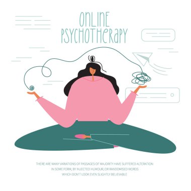 Bu kadınların yoga yaptığı vektör çizimi ve psikolojik dengesi var. Çevrimiçi psikoterapi seansı. Doktor stres, üzüntü ve sinir sorunlarıyla başa çıkmada yardımcı oluyor. Tıbbi poster, web afişi ve diğer sosyal profesyoneller için vektör illüstrasyonu