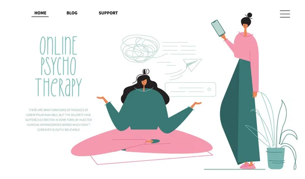 Векторна Ілюстрація Посадкової Сторінки Пацієнткою Жінкою Роблять Йогу Онлайн Сеансі — стоковий вектор