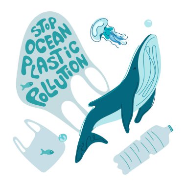 Vector illustration ocean animals jellyfish, whale swim with trash, plastic bag, plastic bottle. Lettering STOP OCEAN PLASIC POLLUTION. Climate change, SAVE EARTH NOW. People pollutes the planet. This is vector illustration was made in hand drawn