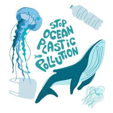 Vector illustration ocean animals jellyfish, whale swim with trash, plastic bag, plastic bottle. Lettering STOP OCEAN PLASIC POLLUTION. Climate change, SAVE EARTH NOW. People pollutes the planet. This is  vector illustration was made in hand drawn