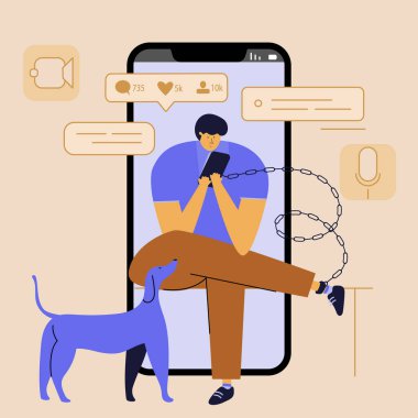 The vector illustration man with dog and friend touch mobile phone and chatting, talk in virtual social network or watch online news, stories, video. The persons have got phone addiction, FOMO, device bad habit. SAVE YOURSELF, will be free. This is v