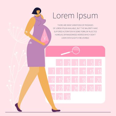 The vector illustration with pregnant woman has not menstruation. New mom often has discomfort, back pain.  Pregnancy has the symptoms. Pregnancy calendar. This is vector illustration was made in hand drawn art.