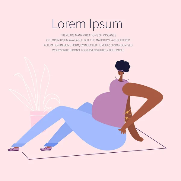 Ilustración Vectorial Con Mujer Embarazada Sentada Tiene Malestar Espalda Nueva — Archivo Imágenes Vectoriales