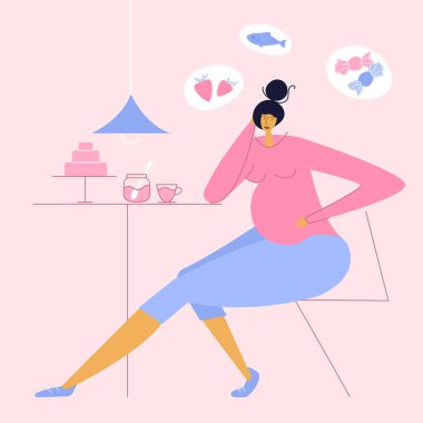 The vector illustration with pregnant woman relax and eatsweets. She has got INCREASED APPETITE DURING PREGNANCY. New mom  hungry, has discomfort, distress during pregnancy. This is vector illustration was made in hand drawn art. clipart