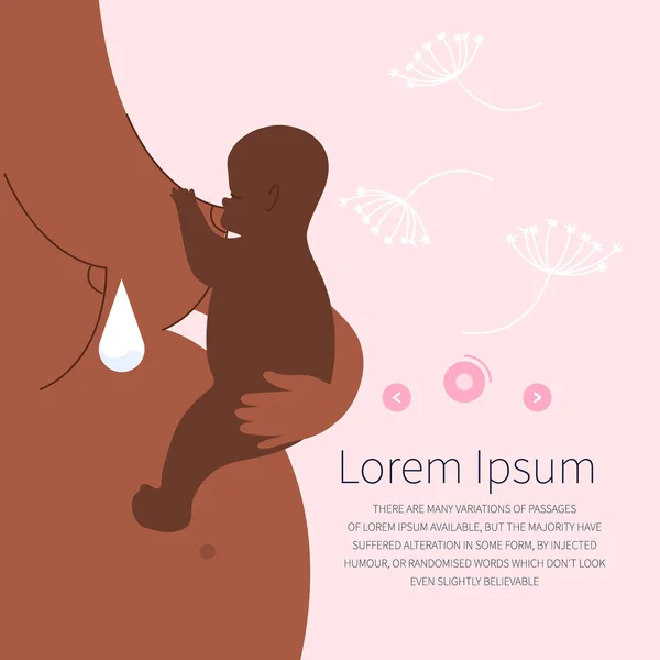 年轻的非洲裔美国母亲的病媒说明是抱着和喂哺她的新生婴儿 她的乳房里有很多牛奶 孩子在挤奶 这是用手工绘制的矢量图解 — 图库矢量图片
