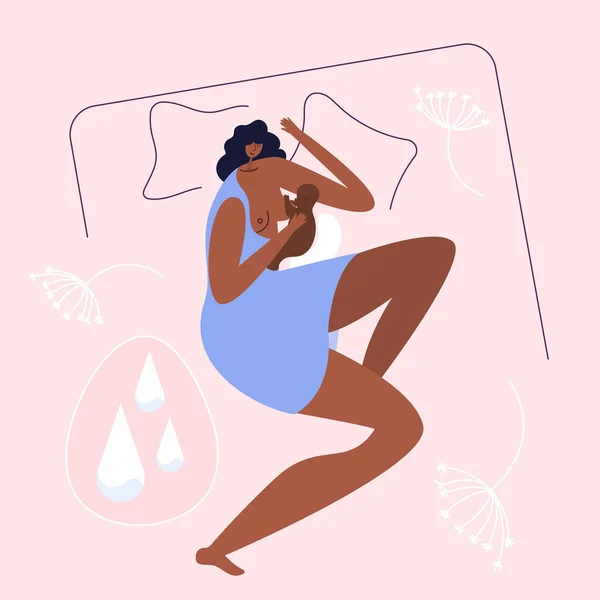 アフリカ系アメリカ人女性のベクトルイラストは新生児を母乳で育てています 彼女は快適なベッドと枕と授乳枕の中にあります 彼女は牛乳と良い授乳をたくさん持っています 医療ソーシャルメディアのポスト スターのための良いイラスト — ストックベクタ