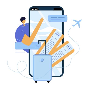 Erkeklerle yapılan illüstrasyon internet üzerinden e-biletleri mobil uygulamalarla alıyor. O, uçakla yolculuğa gitmek istiyor. Bu vektör çizimi el çizimi sanatıyla yapıldı..