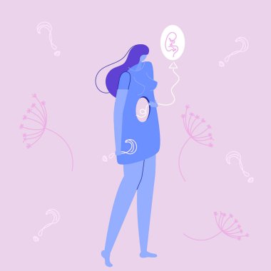 Kadınla ilgili illüstrasyon kavramı balonu bebekle tutmaktır. Düşük yapmış, hamilelik kaybı var. Kederli ve üzücü. İllüstrasyon klinik posteri ya da UI UX tasarım uygulamaları için iyidir. Bu vektör çizimi el çizimi sanatıyla yapıldı..