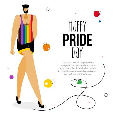Gökkuşağı tişörtlü LGBTQ 'lu adamın resmi Uluslararası PRIDE Günü, LGBT geçidi. O bir travesti, travesti ya da homoseksüel. Homofobiyi bırak. Resimler poster ya da UI UX tasarımı ya da hikayeler için iyidir. Bu vektör illüstrası