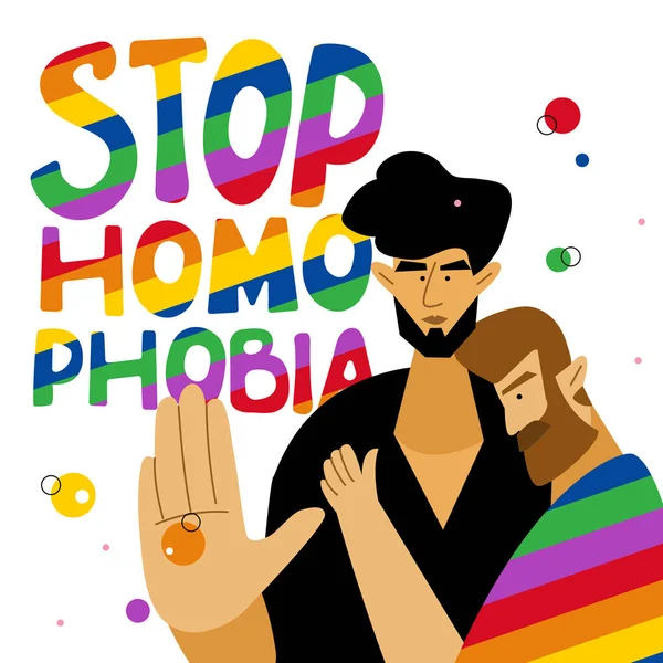 Ilustracja Parą Lgbtq Człowiek Wyrażenie Tęczowe Litery Stop Homophobia Święto — Wektor stockowy