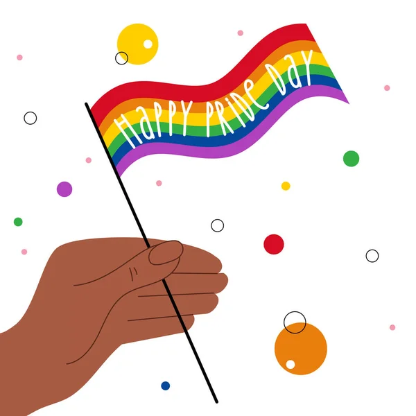 Ilustracja Lgbtq Afroamerykańska Ręka Trzyma Tęczową Flagę Frazą Happy Pride — Wektor stockowy