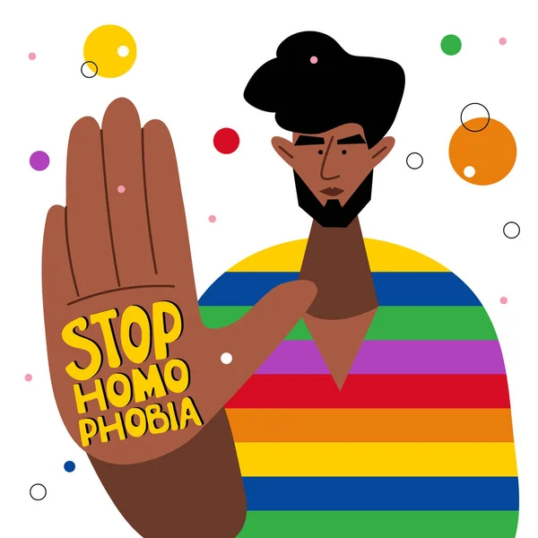 Ilustracja Człowiekiem Lgbtq Afroamerykanin Trzyma Rękę Literami Stop Homophobia Świętuje — Wektor stockowy