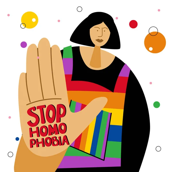 Ilustracja Lgbtq Dziewczyna Kobieta Lesbijka Trzymać Rękę Literami Stop Homophobia — Wektor stockowy
