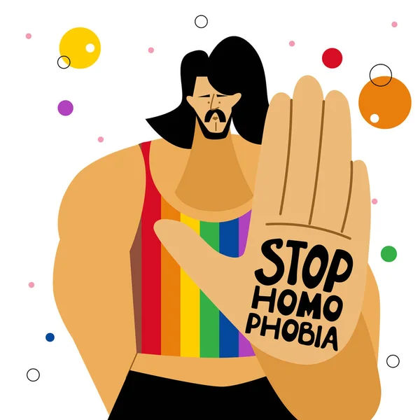 Ilustracja Człowiekiem Lgbtq Trzymać Rękę Literami Stop Homophobia Świętuje Dzień — Wektor stockowy
