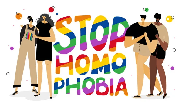 Ilustracja Grupą Lgbtq Kobieta Mężczyzna Tęcza Liternictwo Stop Homophobia Obchodzą — Wektor stockowy