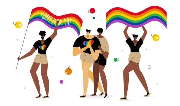 Ilustracja Człowiekiem Lgbtq Tęczową Flagą Obchody Międzynarodowego Pride Day Parada — Wektor stockowy