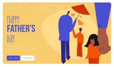 İniş sitesi sayfasında baba, oğul, kız şemsiye altında ve Mutlu Babalar Günü yazılı. Bu vektör çizimi elle çizilmiş düz tasarım sanatıyla yapılmıştır.